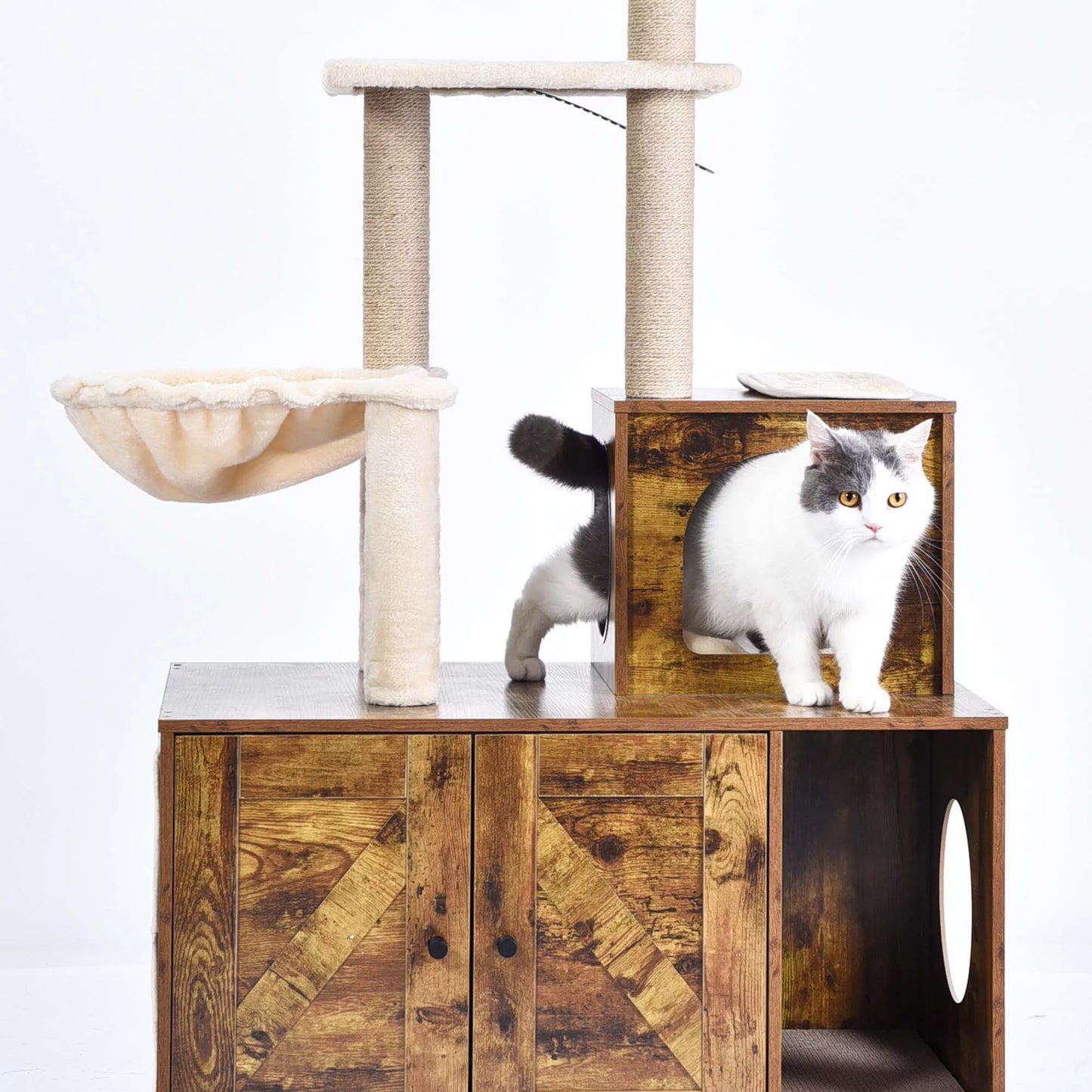 58" 5-Tier Cat Tree, Cat Litter Box Enclosure, Cat Scratching Post, Brown, 31.5X18.9X58"