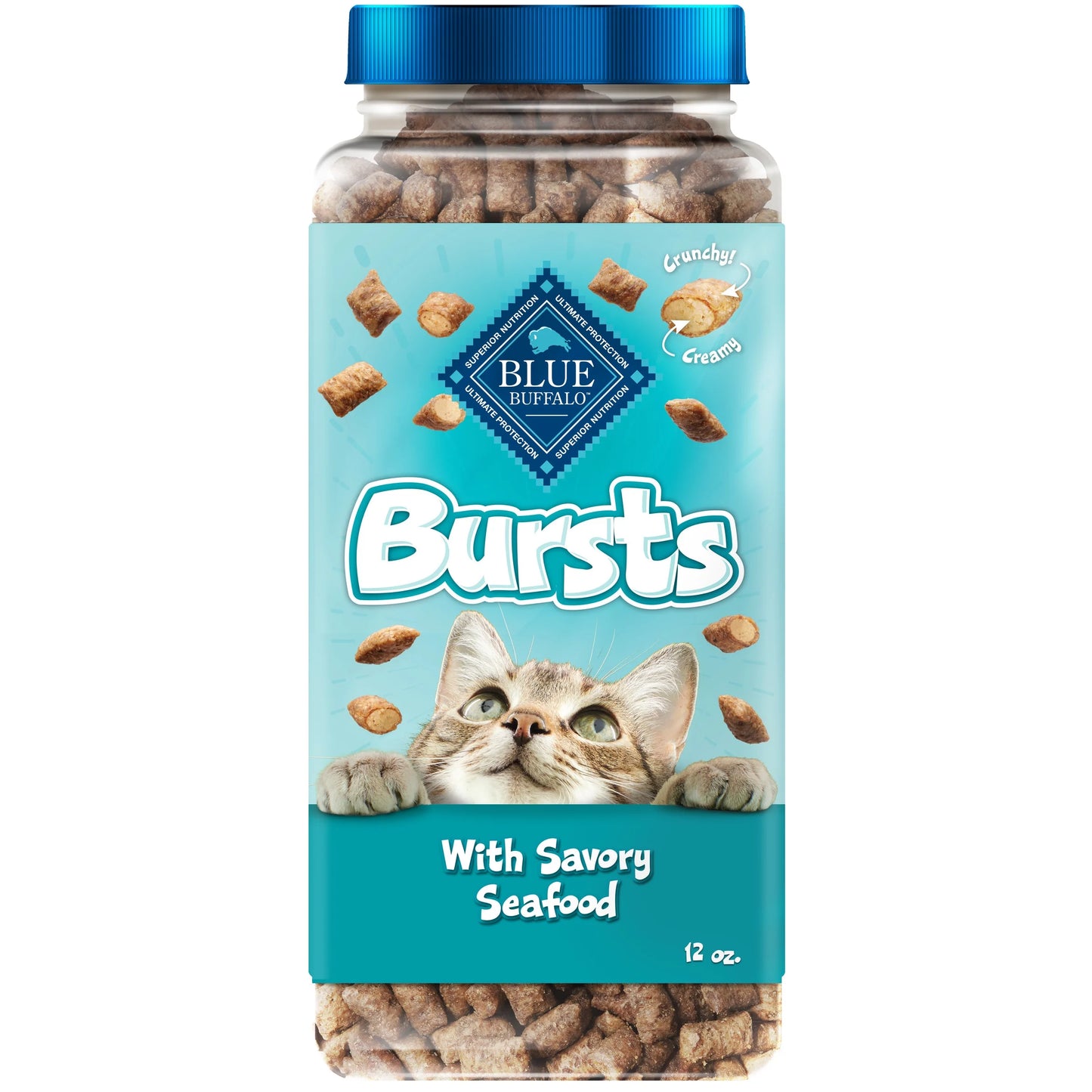 Bursts Crunchy & Creamy Cat Treats, Great for Training, Seafood, 12-Oz. Tub